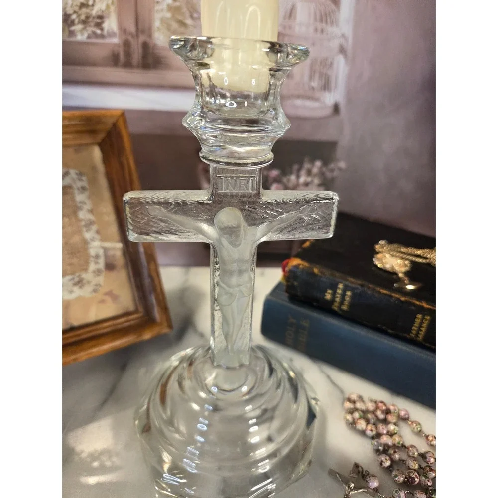 Vintage Glass‎ Crucifix Candle HolderJesus Religious Decor Altar